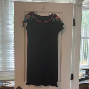 Navy Dress with Floral Embroidery